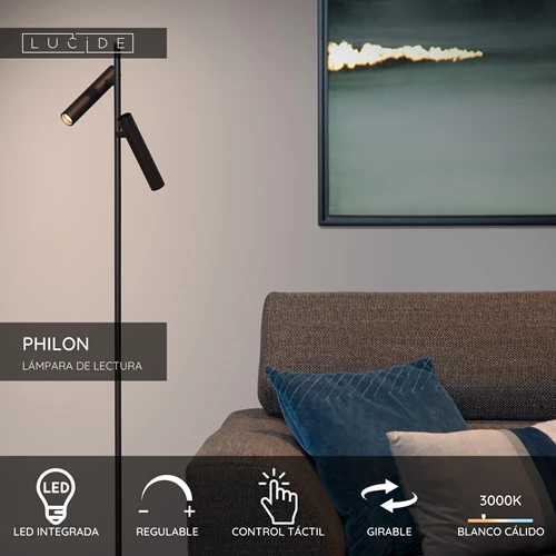 Lucide PHILON - Lámpara de lectura - Ø 23 cm - LED Regul. - 2x4,5W 3000K - Negro - USP